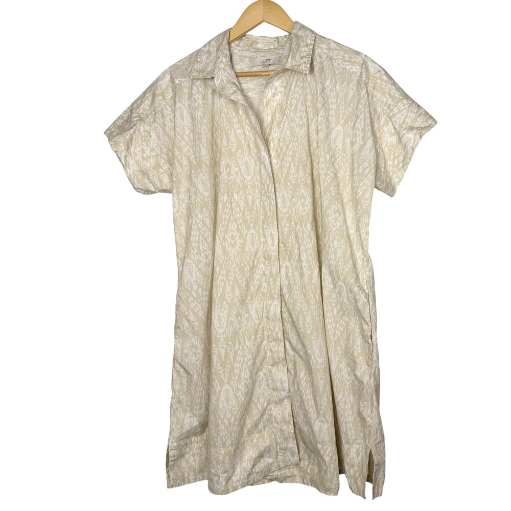 LOFT Ikat Poplin Shirt Dress Beige Cotton Short Sleeve Petite Lg Oversized Boho
